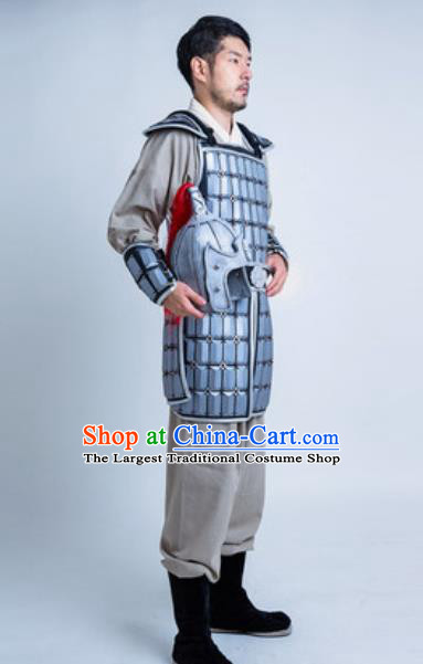 China Ancient Warrior Armor Clothing and Hat Traditional Han Dynasty Soldier Garment Costumes