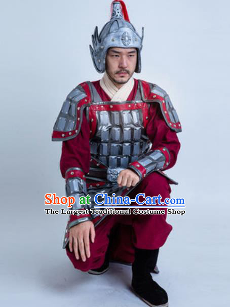 China Traditional Tang Dynasty Warrior Garment Costumes Ancient General Argent Armor Clothing and Helmet