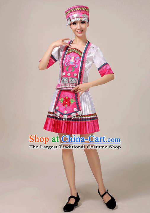 Chinese Guizhou Nationality Performance Short Dress Yao Minority Dance White Outfits Tujia Ethnic Folk Dance Garment Clothing
