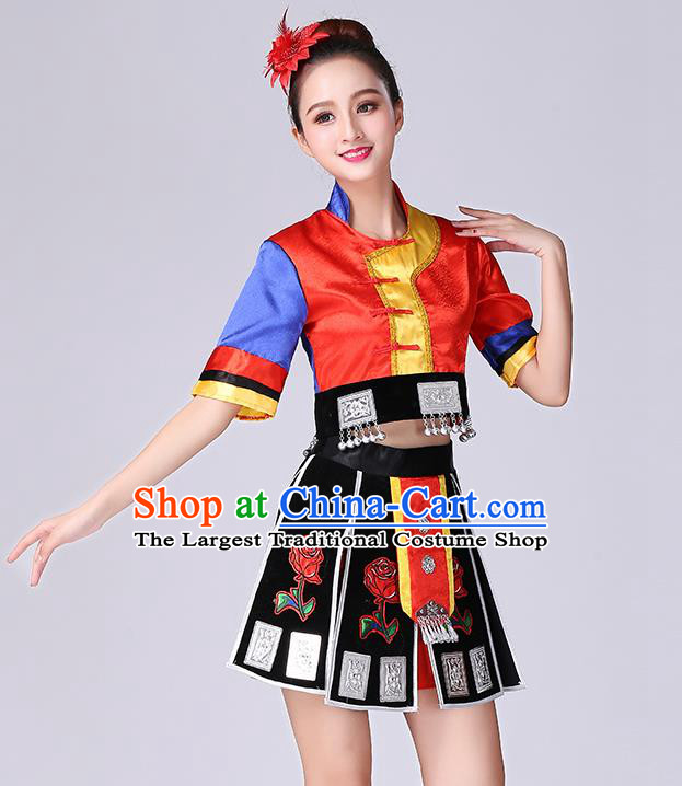 Chinese Yao Nationality Folk Dance Short Dress Minority Performance Outfits Tujia Ethnic Woman Garment Clothing