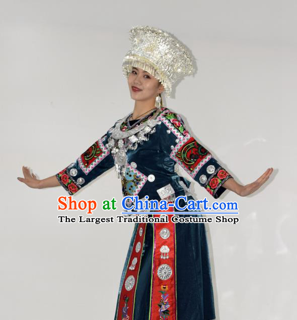 Chinese Miao Nationality Stage Performance Garment Clothing Hmong Minority Ethnic Peacock Blue Dress Outfits and Silver Hat