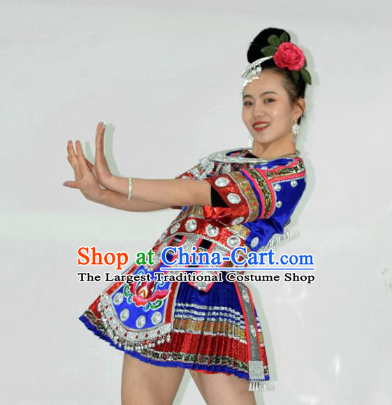 Chinese Miao Nationality Stage Performance Clothing Yi Minority Dance Royalblue Short Dress Outfits Ethnic Garment and Hair Accessories