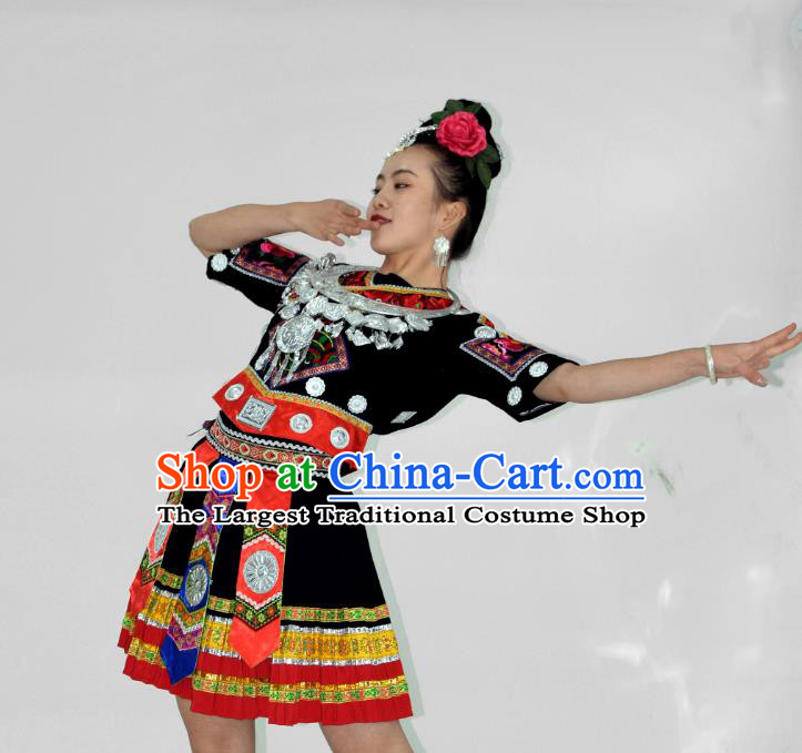 Chinese Ethnic Woman Garment Outfits Miao Nationality Folk Dance Clothing Yi Minority Performance Black Short Dress and Hair Jewelry