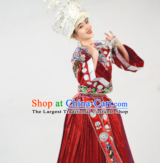 Chinese Miao Nationality Bride Clothing Hmong Minority Red Dress Ethnic Wedding Garment Outfits and Silver Hat
