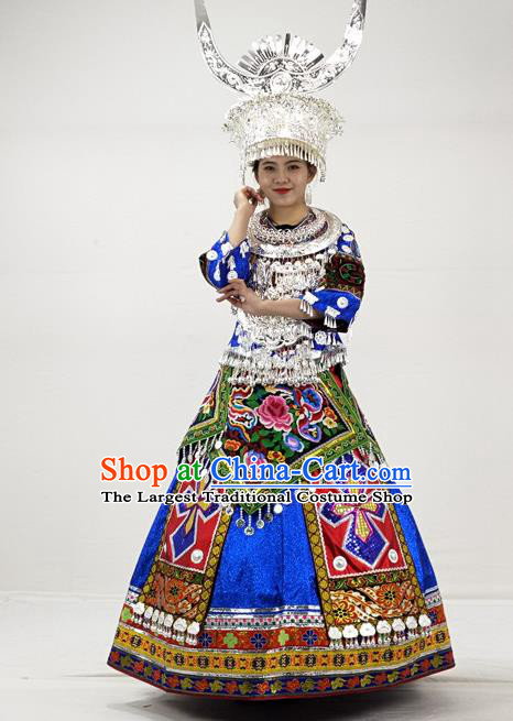 Chinese Ethnic Festival Garment Outfits Miao Nationality Bride Clothing Hmong Minority Royalblue Dress and Silver Headdress