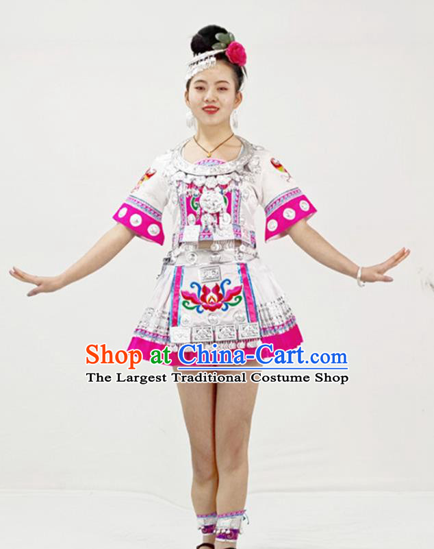 Chinese Tujia Minority White Short Dress Ethnic Folk Dance Garment Outfits Yi Nationality Performance Clothing