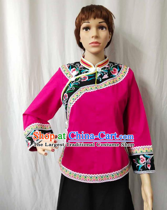 Chinese Bouyei Minority Embroidered Rosy Shirt Guizhou Ethnic Woman Upper Outer Garment Puyi Nationality Blouse Clothing