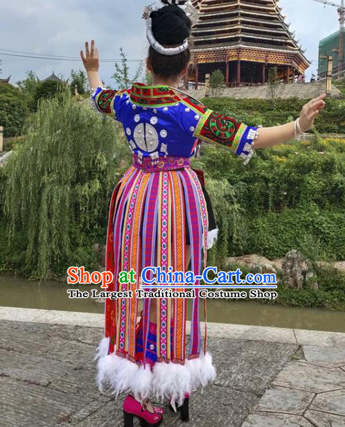 Chinese Guizhou Ethnic Performance Garment Outfits Miao Nationality Dance Clothing Hmong Minority Short Dress and Headpieces