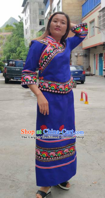 Chinese Traditional Puyi Nationality Embroidered Blue Blouse and Skirt Suits Bouyei Ethnic Female Dance Clothing