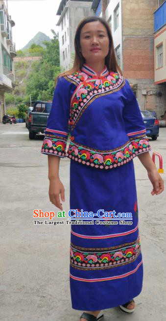 Chinese Traditional Puyi Nationality Embroidered Blue Blouse and Skirt Suits Bouyei Ethnic Female Dance Clothing