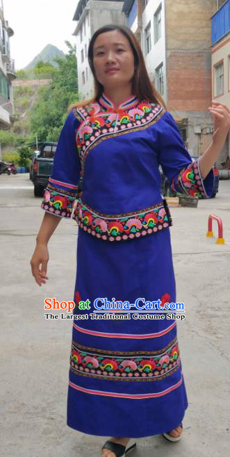 Chinese Traditional Puyi Nationality Embroidered Blue Blouse and Skirt Suits Bouyei Ethnic Female Dance Clothing
