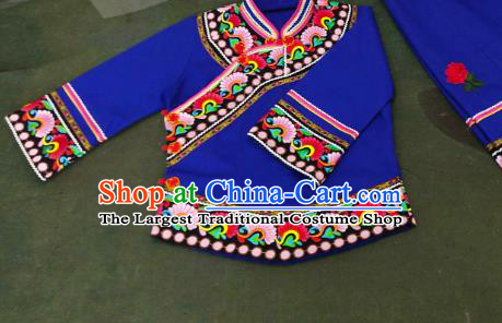 Chinese Traditional Puyi Nationality Embroidered Blue Blouse and Skirt Suits Bouyei Ethnic Female Dance Clothing
