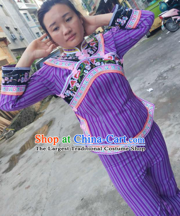 Chinese Yunnan Bouyei Ethnic Female Clothing Traditional Puyi Nationality Embroidered Lilac Blouse and Pants Suits