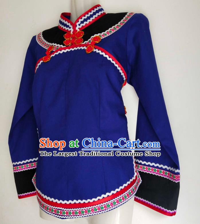 Chinese Guizhou Minority Ethnic Shirt Clothing Bouyei Nationality Blue Blouse Woman Tang Suit Top Garment