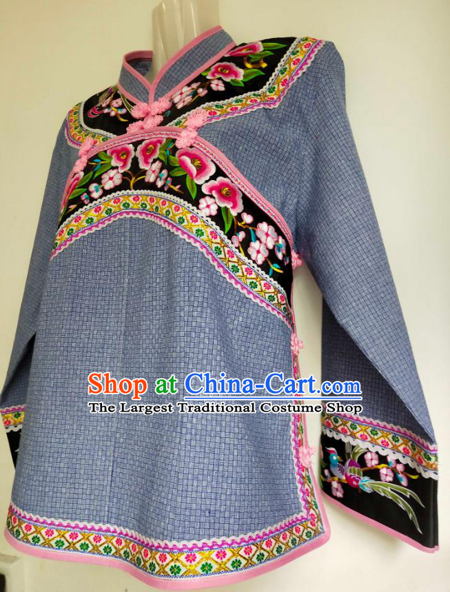 Chinese Bouyei Nationality Folk Dance Blouse Embroidered Blue Top Garment Guizhou Ethnic Female Clothing
