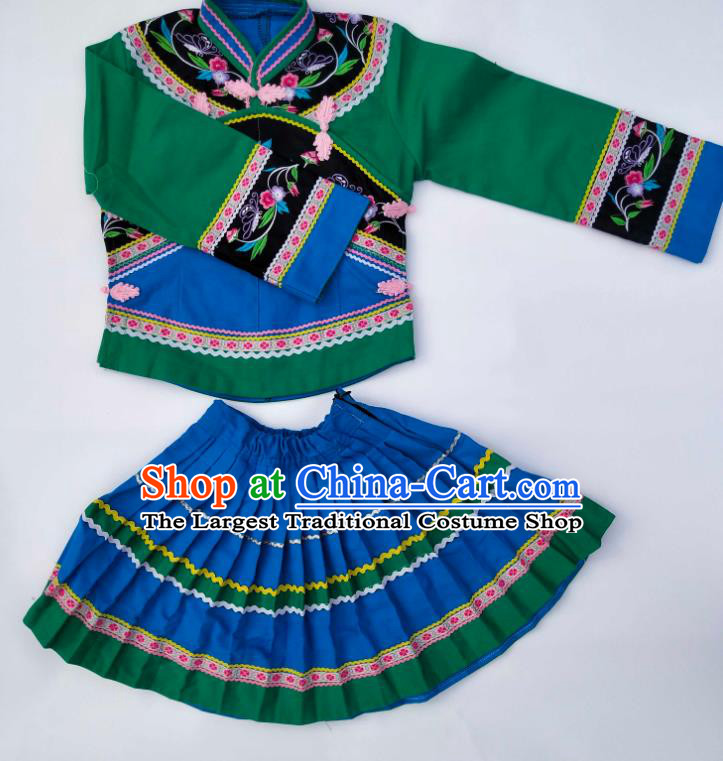 China Bouyei Nationality Green Blouse and Skirt Girls Outfits Traditional Puyi Ethnic Children Dance Clothing