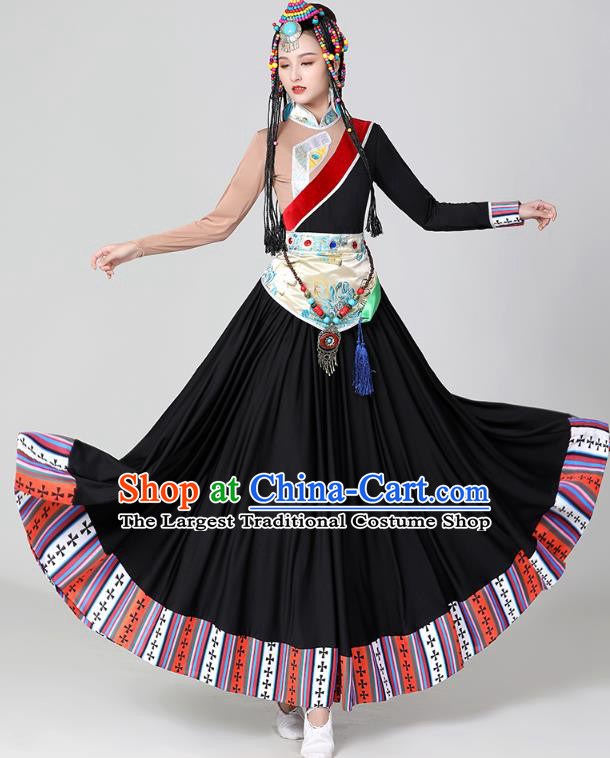 Chinese Traditional Zang Nationality Stage Performance Garments Costume Tibetan Ethnic Dance Black Dress