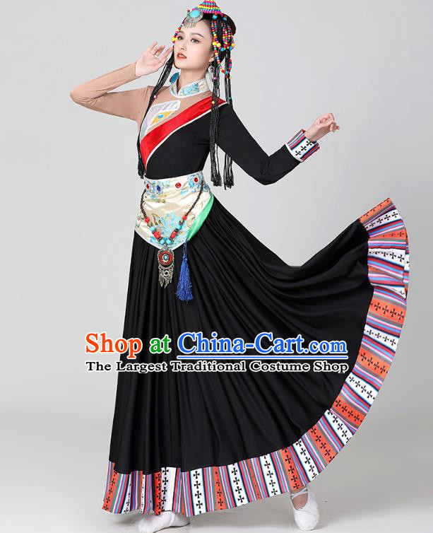 Chinese Traditional Zang Nationality Stage Performance Garments Costume Tibetan Ethnic Dance Black Dress