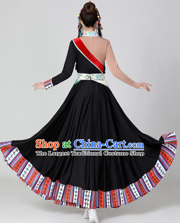 Chinese Traditional Zang Nationality Stage Performance Garments Costume Tibetan Ethnic Dance Black Dress