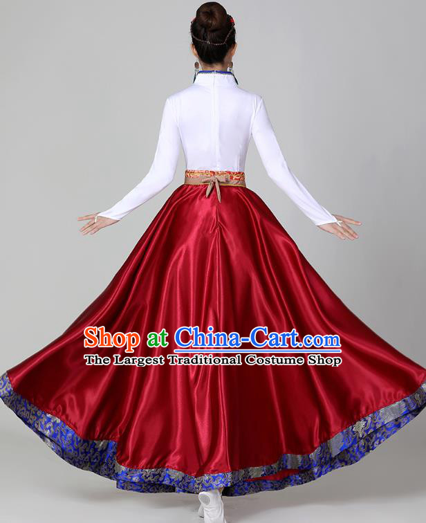 Chinese Tibetan Dance Wine Red Dress Traditional Zang Nationality Suits Ethnic Stage Performance Garments Costume