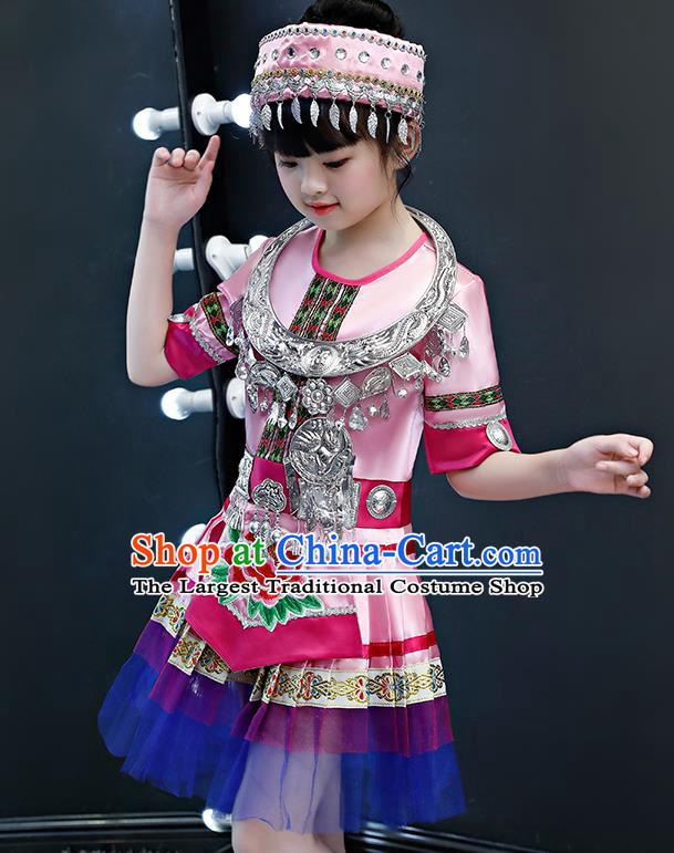 China Miao Nationality Folk Dance Pink Dress Traditional Yao Ethnic Girls Performance Outfits Clothing