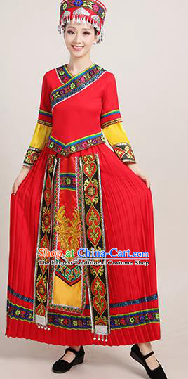 Chinese Yi Minority Female Red Dress Ethnic Folk Dance Clothing Traditional Miao Nationality Garments