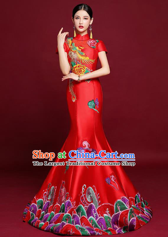 China Catwalks Fashion Modern Cheongsam Clothing Compere Fishtail Qipao Dress Garment Stage Show Red Satin Full Dress