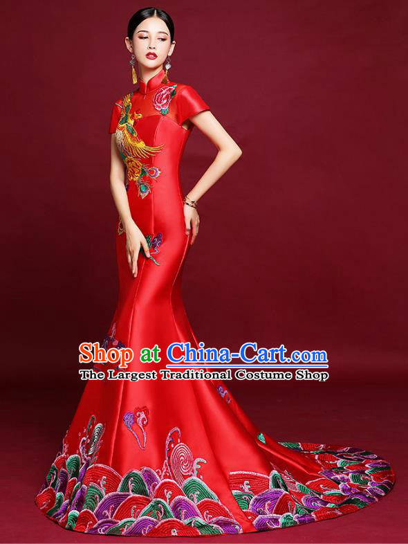 China Catwalks Fashion Modern Cheongsam Clothing Compere Fishtail Qipao Dress Garment Stage Show Red Satin Full Dress