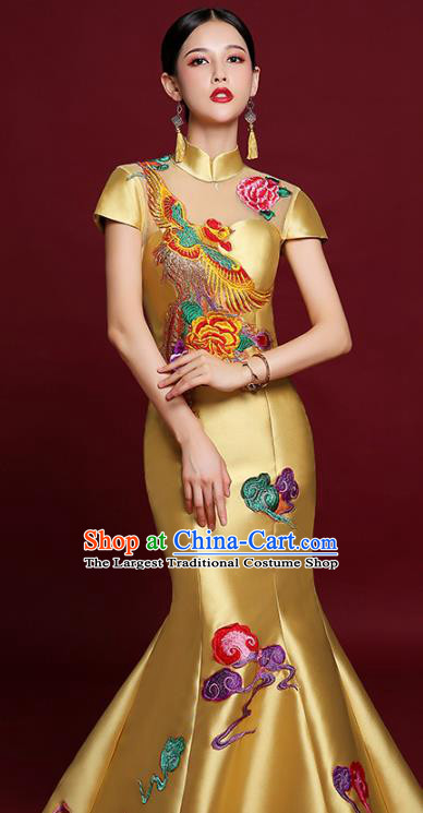 China Stage Show Yellow Satin Full Dress Catwalks Fashion Modern Cheongsam Clothing Compere Fishtail Qipao Dress Garment