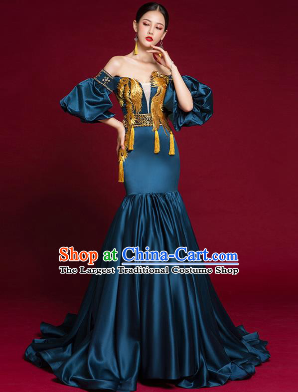 China Compere Navy Trailing Dress Garment Stage Show Embroidered Full Dress Catwalks Fashion Clothing