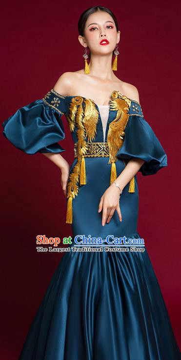 China Compere Navy Trailing Dress Garment Stage Show Embroidered Full Dress Catwalks Fashion Clothing