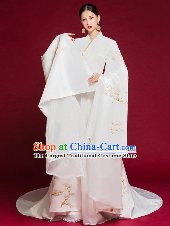 China Stage Show Water Sleeve Full Dress Catwalks Fashion Clothing Compere Embroidered White Dress Garment