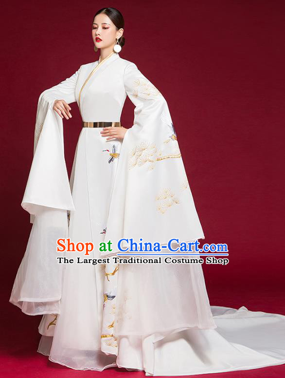China Stage Show Water Sleeve Full Dress Catwalks Fashion Clothing Compere Embroidered White Dress Garment
