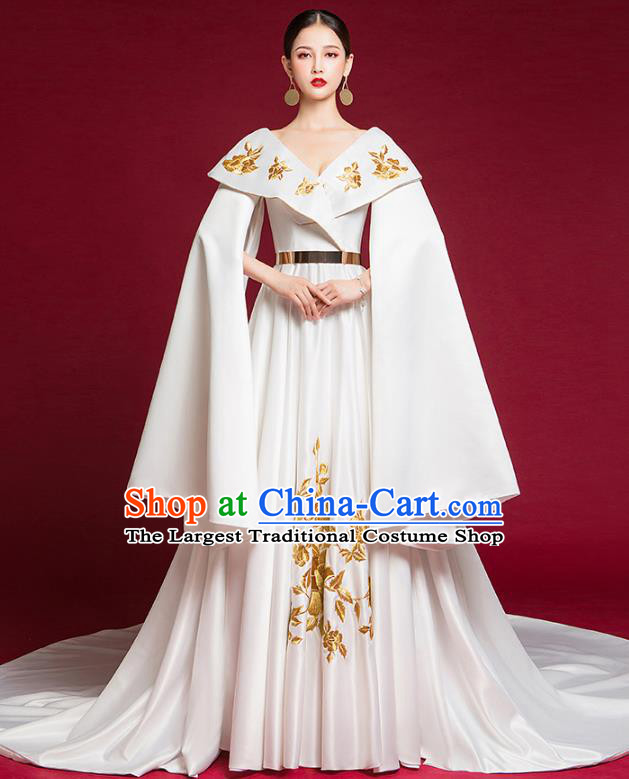 China Compere White Trailing Dress Garment Stage Show Full Dress Catwalks Embroidered Fashion Clothing