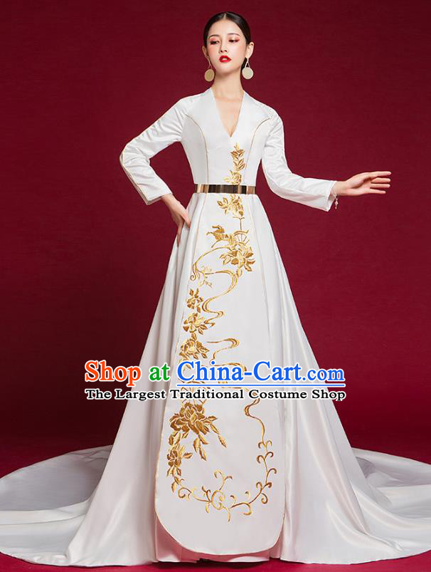 China Stage Show Trailing Full Dress Catwalks White Fashion Clothing Compere Dress Garment