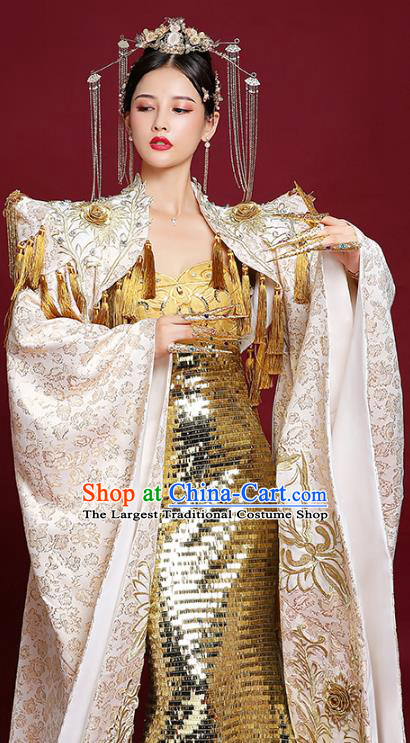 China Stage Show Trailing Cape Full Dress Catwalks Fashion Embroidered Clothing Compere Golden Fishtail Dress Garment