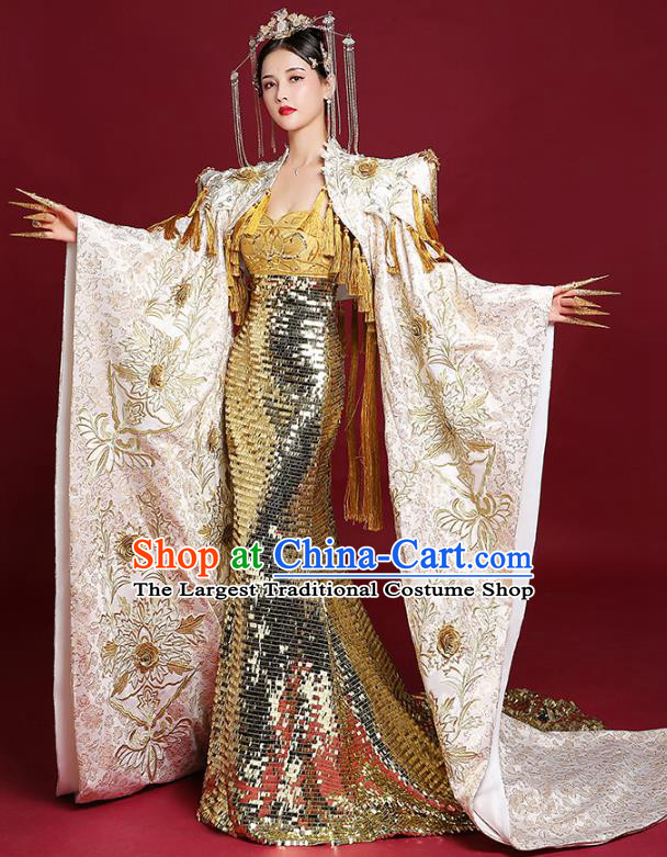 China Stage Show Trailing Cape Full Dress Catwalks Fashion Embroidered Clothing Compere Golden Fishtail Dress Garment