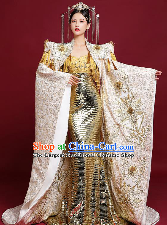 China Stage Show Trailing Cape Full Dress Catwalks Fashion Embroidered Clothing Compere Golden Fishtail Dress Garment