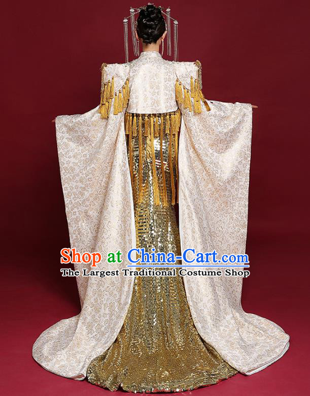 China Stage Show Trailing Cape Full Dress Catwalks Fashion Embroidered Clothing Compere Golden Fishtail Dress Garment