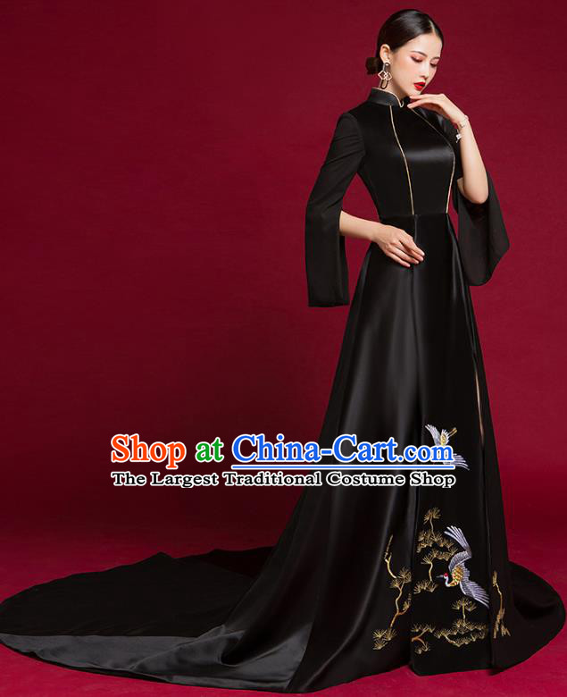 China Embroidered Clothing Compere Cheongsam Dress Garment Stage Show Black Trailing Full Dress Catwalks Fashion