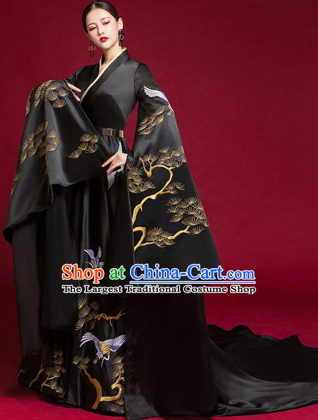 China Catwalks Fashion Clothing Compere Water Sleeve Dress Garment Stage Show Black Trailing Full Dress