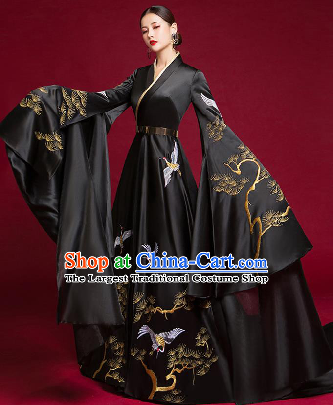 China Catwalks Fashion Clothing Compere Water Sleeve Dress Garment Stage Show Black Trailing Full Dress