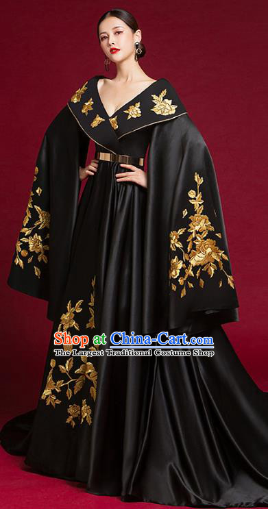 China Stage Show Black Trailing Full Dress Catwalks Fashion Clothing Compere Water Sleeve Dress Garment