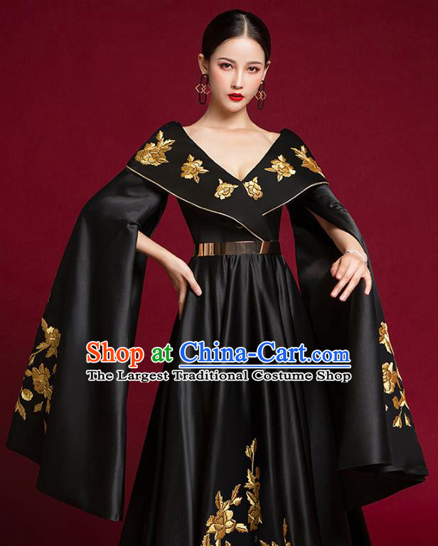 China Stage Show Black Trailing Full Dress Catwalks Fashion Clothing Compere Water Sleeve Dress Garment
