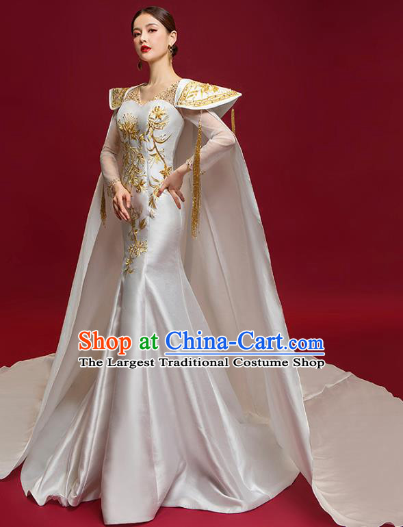 China Compere Embroidered Dress Garment Stage Show Long Trailing Cape Full Dress Catwalks Fashion Clothing