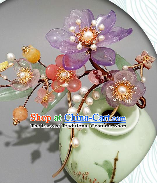 Chinese Ancient Palace Princess Amethyst Peach Blossom Hairpin Traditional Song Dynasty Court Tassel Hair Stick