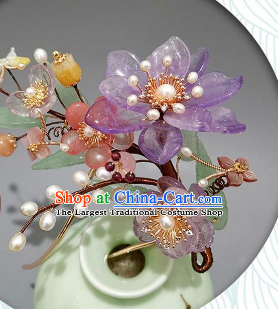 Chinese Ancient Palace Princess Amethyst Peach Blossom Hairpin Traditional Song Dynasty Court Tassel Hair Stick