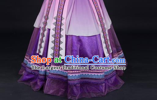 Chinese Guangxi Minority Performance Purple Dress Ethnic Folk Dance Clothing Traditional Zhuang Nationality Garments and Headwear