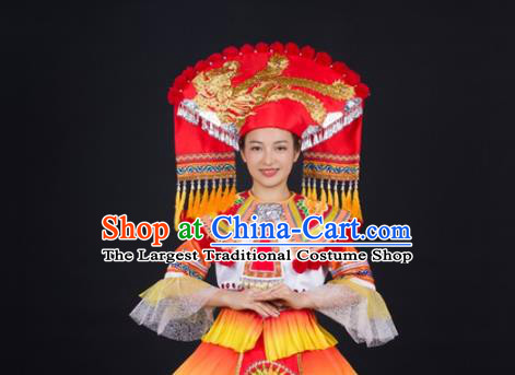 Chinese Traditional Zhuang Nationality Wedding Garments Guangxi Minority Performance Dress Ethnic Folk Dance Clothing and Headdress