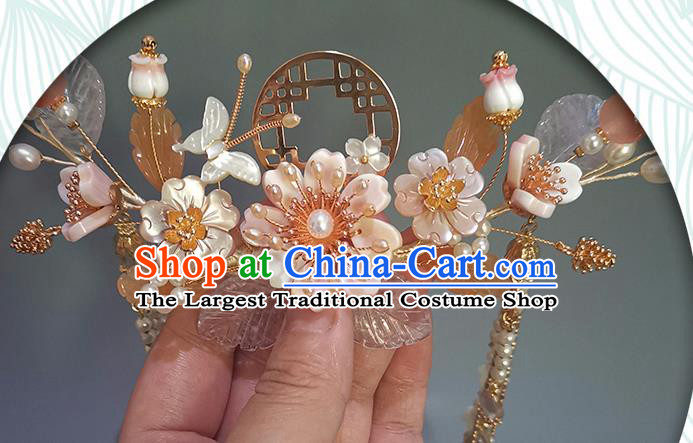 Chinese Ancient Princess Flowers Hairpin Traditional Song Dynasty Shell Butterfly Hair Crown